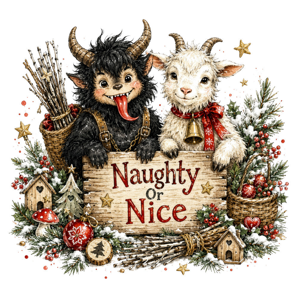 naughty or nice, christmas, holiday, whimsical, cream, black, red, gold, woodland creatures, goats, krampus, festive, rustic, vintage, stars, bells, evergreen, snow, winter, farmhouse, folk art, magical, enchanted forest, decorative, seasonal, mischievous, playful, natural fibers, traditional christmas, cottage core
