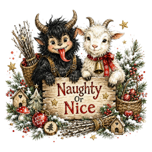 naughty or nice, christmas, holiday, whimsical, cream, black, red, gold, woodland creatures, goats, krampus, festive, rustic, vintage, stars, bells, evergreen, snow, winter, farmhouse, folk art, magical, enchanted forest, decorative, seasonal, mischievous, playful, natural fibers, traditional christmas, cottage core