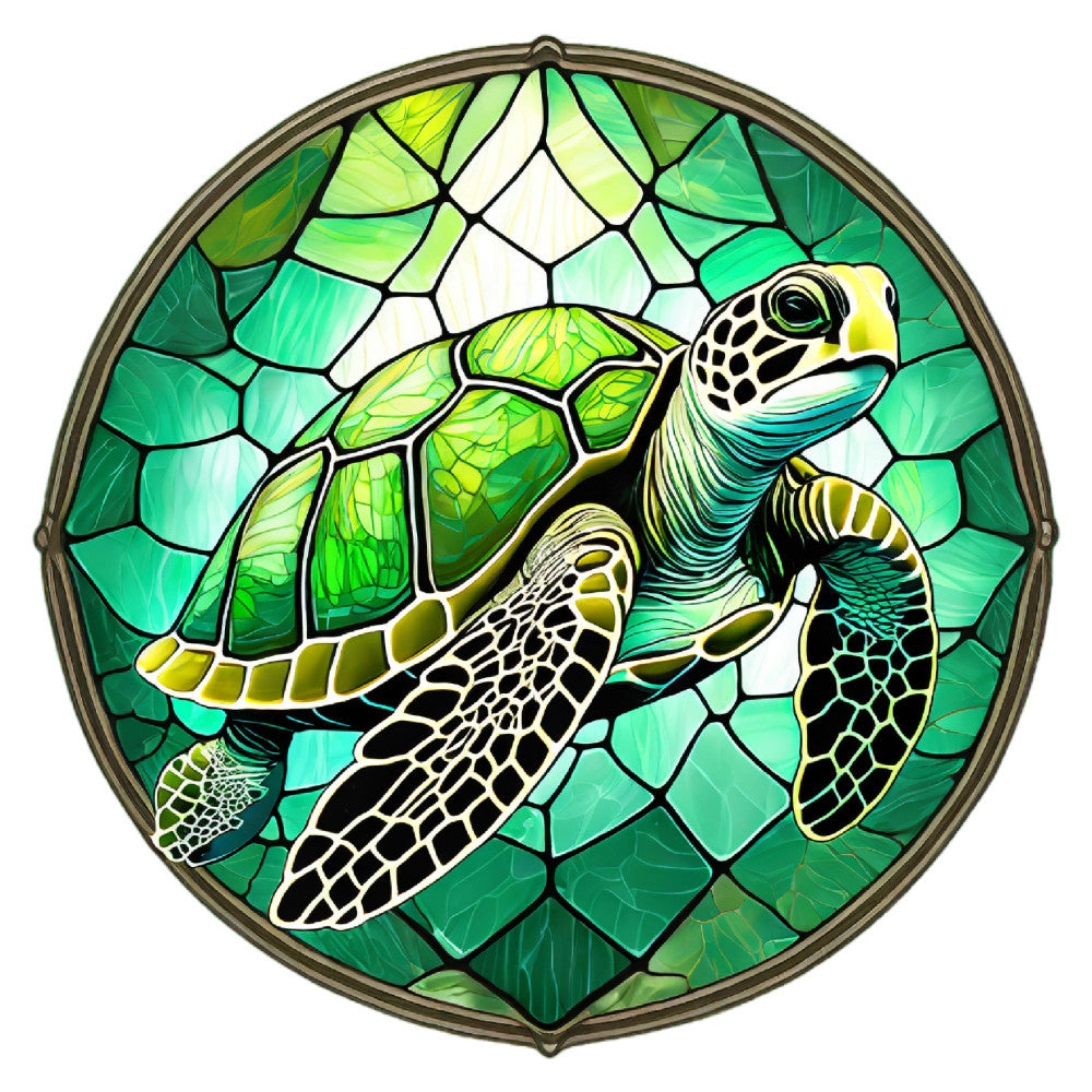 sea turtle, stained glass, tropical, emerald green, lime green, turquoise, aqua, yellow, white, nature, wildlife, ocean, marine life, geometric, reptile, summer, spring, whimsical, modern, decorative panel, wall hanging, nature lover, sea life, beach theme, green tones, intricate detail, artistic, swimming turtle, coastal, aquatic