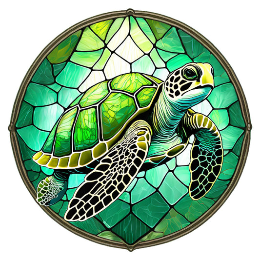 sea turtle, stained glass, tropical, emerald green, lime green, turquoise, aqua, yellow, white, nature, wildlife, ocean, marine life, geometric, reptile, summer, spring, whimsical, modern, decorative panel, wall hanging, nature lover, sea life, beach theme, green tones, intricate detail, artistic, swimming turtle, coastal, aquatic