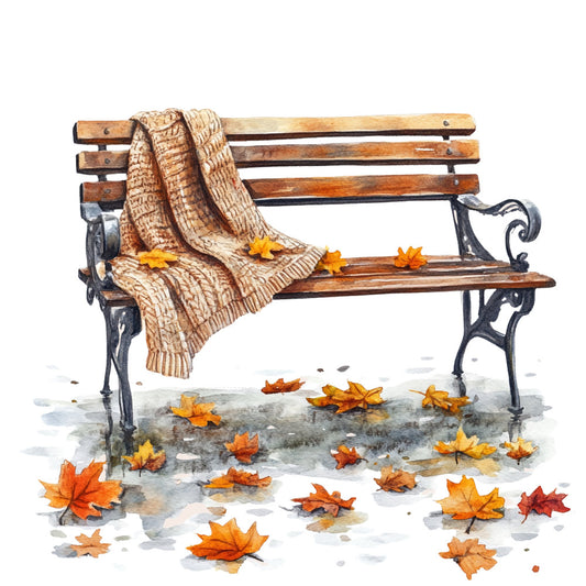 autumn leaves, fall, seasonal, bench, park bench, cozy, sweater, knit blanket, maple leaves, orange leaves, golden yellow, burnt orange, rust red, warm tones, nature scene, outdoor, peaceful, nostalgic, vintage, rustic, whimsical, autumn decor, harvest, thanksgiving, fall foliage, contemplative, tranquil, wall hanging, home decor, watercolor style