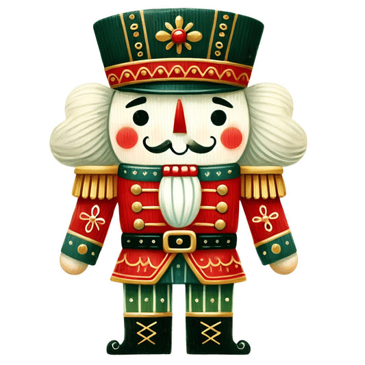 nutcracker, christmas, holiday, festive, traditional, whimsical, red, forest green, gold, cream, white, soldier, toy soldier, winter, seasonal, decorative panel, children's, kids, vintage style, elegant, ornamental, baroque, classical, mustache, hat, uniform, buttons, boots, festive decor, holiday theme