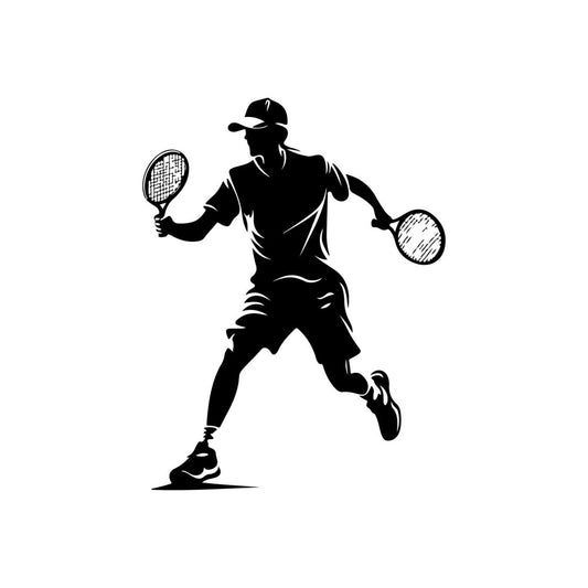 tennis, sports, athletic, black and white, monochrome, silhouette, tennis player, racket, ball, active wear, modern, contemporary, minimalist, line art, graphic, casual, lifestyle, recreation, outdoor sports, leisure, unisex, dynamic motion, action pose, high contrast, bold, striking, clean design, sports themed, athletic wear inspired