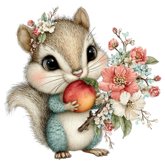 cute animal, woodland creature, squirrel, floral, roses, peonies, cream white, soft blue, dusty blue, coral pink, sage green, whimsical, spring, nature, garden, botanical, vintage style, sweet, charming, delicate flowers, cottage core, nursery, baby quilt, wall hanging, children's fabric, illustration style, romantic, pastoral, meadow, flower crown