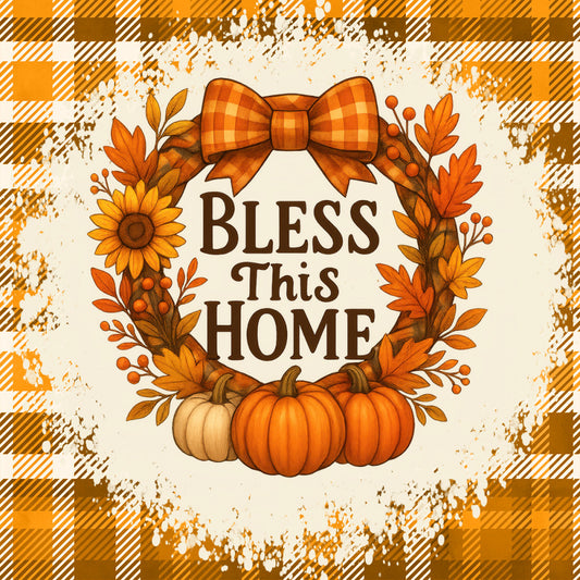 autumn, fall, thanksgiving, harvest, pumpkin, sunflower, orange, burnt orange, golden yellow, cream, brown, plaid, gingham, checkered, wreath, floral, leaves, berries, bow, farmhouse, rustic, home decor, wall hanging, blessing, cozy, seasonal, country, traditional, warm tones