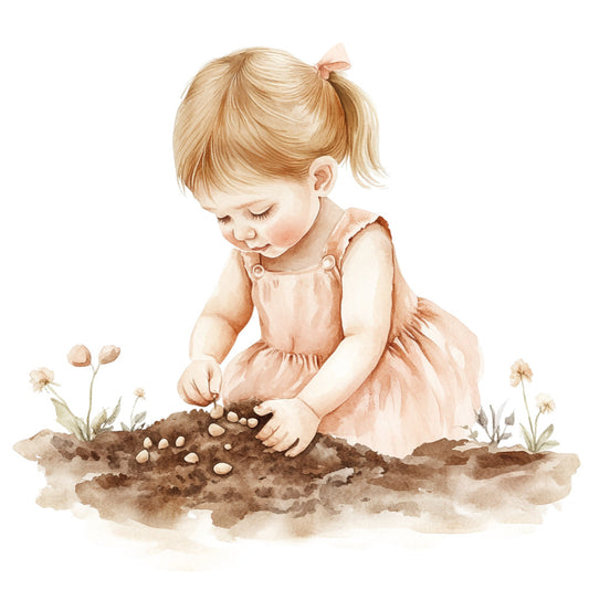 cream, peach, tan, brown, soft pink, natural tones, watercolor, illustration, child, baby, girl, toddler, gardening, planting, nature, spring, gentle, whimsical, sweet, innocent, storybook, vintage, soft, delicate, botanical, flowers, seeds, earth tones, nurturing, children's theme