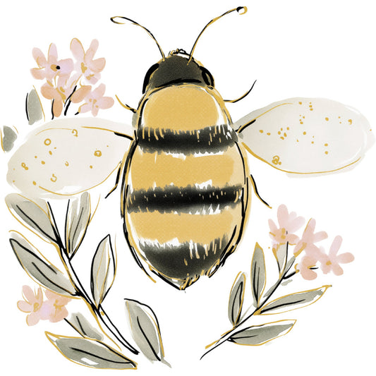 bee, honey bee, bumblebee, floral, botanical, flowers, nature, insects, pollinators, cream, pale yellow, butter yellow, black stripes, gold accents, whimsical, garden, spring, summer, delicate flowers, leaves, foliage, elegant, natural, feminine, peaceful, decorative, illustration style, vintage botanical, nature lover, bee keeper