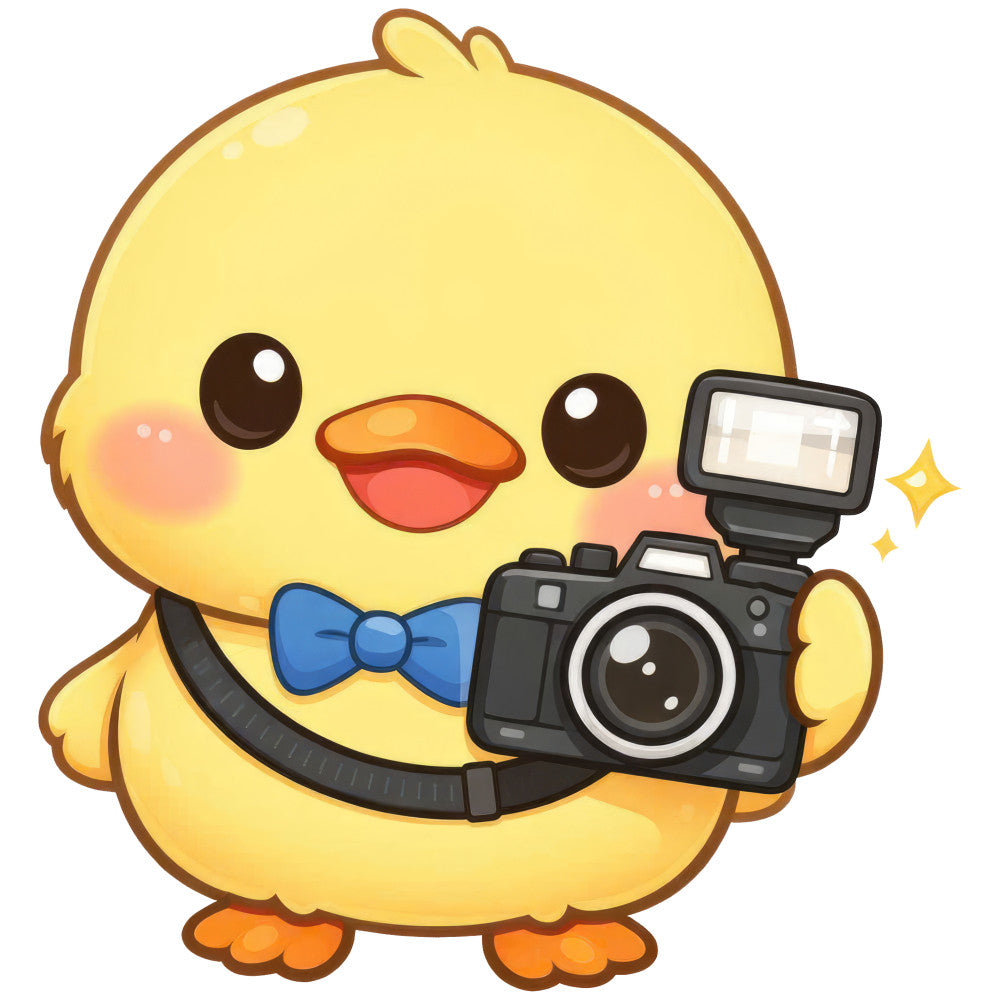 bright yellow, golden yellow, cornflower blue, orange, brown, cute animals, baby chick, bird, whimsical, playful, modern, cheerful, camera, photography theme, bow tie, happy expression, children's fabric, baby fabric, nursery, adorable character, cartoon style, kawaii, spring, summer, wall hanging, baby quilt, apparel, sweet, fun, colorful