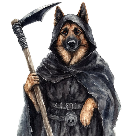 grim reaper dog, german shepherd, skeleton, dark fantasy, gothic, black robe, hooded figure, death personified, anthropomorphic animal, tan and black, charcoal gray, bone white, dark academia, spooky, halloween, macabre, mystical, medieval, warrior, scythe, skull pendant, witchy, fantasy character, whimsical dark, novelty print, character panel, humorous dark, apparel fabric, wall hanging, costume inspiration