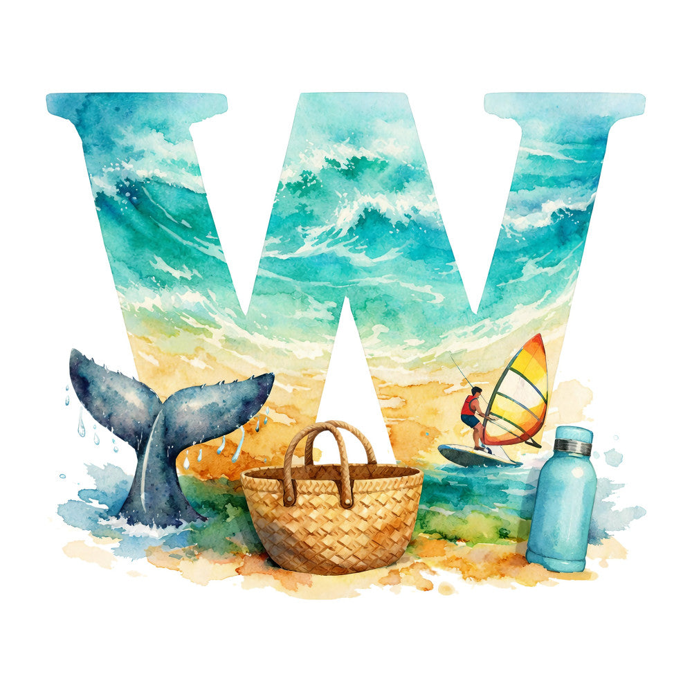 turquoise, teal, ocean blue, sandy beige, cream, yellow, whale tail, windsurfing, coastal, nautical, beach, ocean waves, water, seascape, summer, whimsical, watercolor, abstract, wicker basket, water bottle, marine life, seaside, tropical, adventure, nature, outdoor, scenic, illustrated, artistic, children's