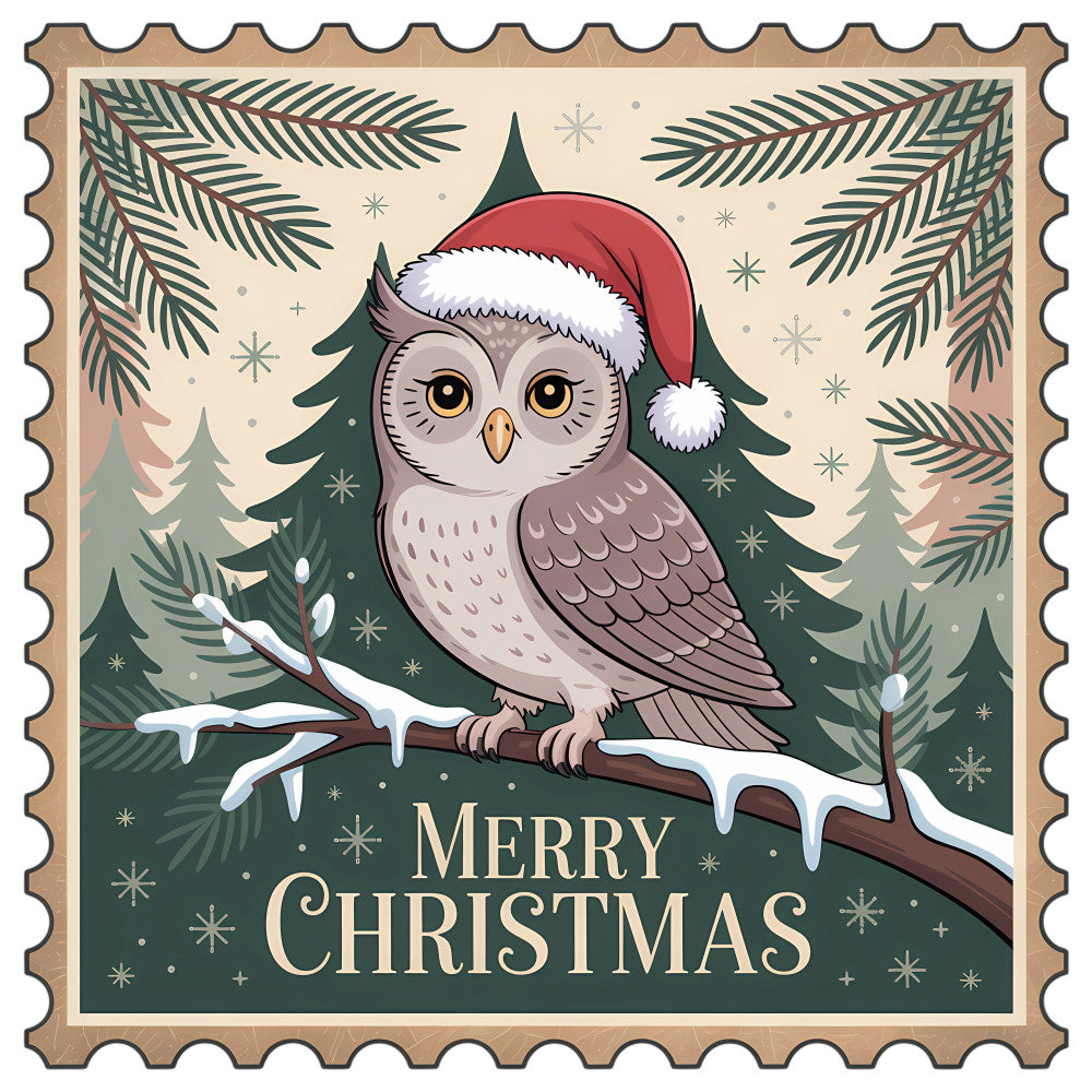 Vintage Christmas Stamps Fabric Panel 13 featuring a festive owl in a Santa hat on a snowy branch with pine trees background.