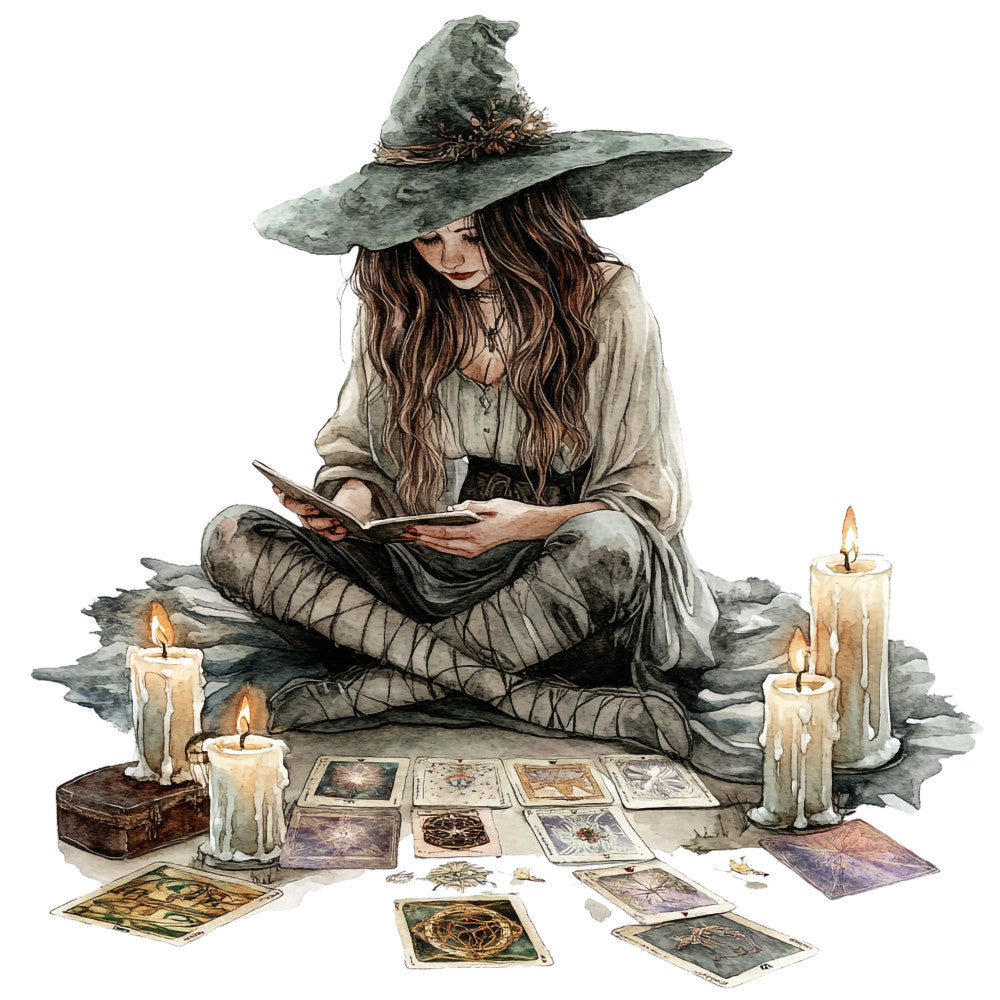 watercolor witch, sage green, cream white, brown tones, magical scene, tarot cards, candles, spell book, pointed hat, long wavy hair, sitting cross-legged, mystical atmosphere, halloween themed, autumn vibes, fabric panel, quilting cotton, witchcraft imagery, bohemian witch, candlelit setting, occult elements
