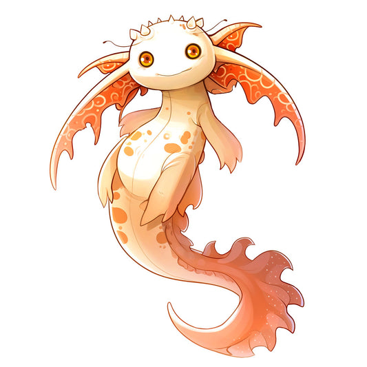 cartoon axolotl, orange gradient, peach tones, coral colors, cream belly, cute salamander, kawaii style, aquatic animal, spotted pattern, flowing fins, adorable creature, fabric panel, quilting cotton, nursery theme, whimsical design, soft pastels, children's fabric, animal illustration, playful mood, craft panel
