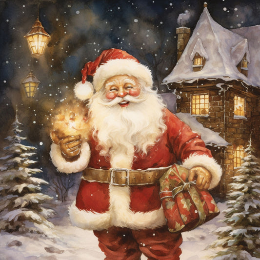 santa claus, christmas scene, winter wonderland, red suit, white beard, snow falling, cozy cottage, warm lighting, street lamp, evergreen trees, gift present, jolly expression, holiday magic, watercolor style, festive panel, quilting fabric, seasonal design, snowy landscape, golden glow, christmas spirit