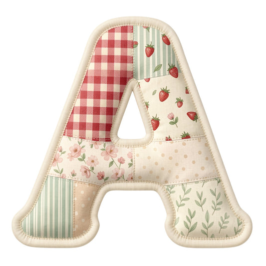 cream, red, sage green, dusty rose, gingham, floral, striped, strawberry, rose, leaf, vintage, farmhouse, cottage, spring, summer, pastoral, whimsical, traditional, polka dot, patchwork, nature, botanical, sweet, charming, letter panel, alphabet, baby quilt, nursery, country, picnic