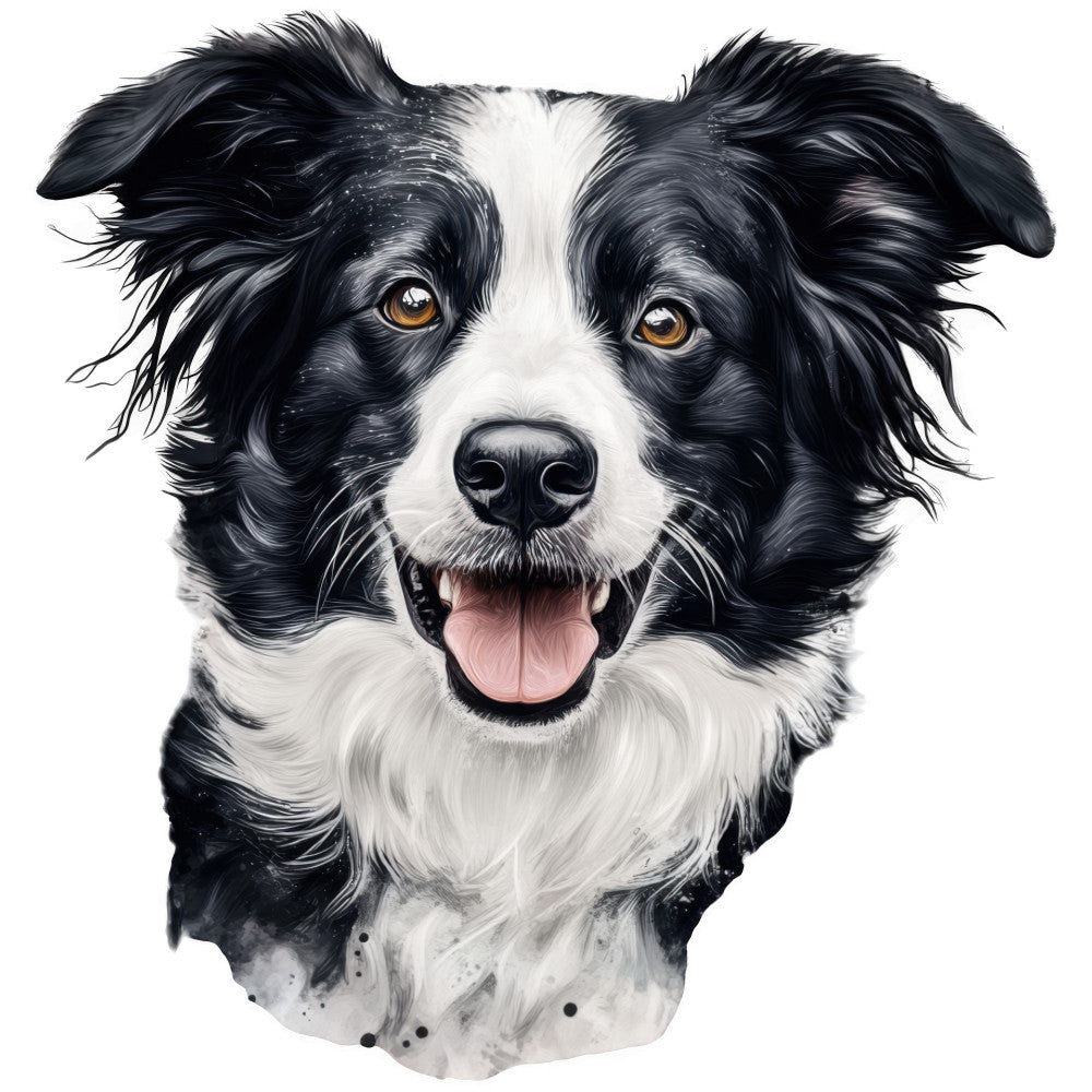 black and white, border collie, dog portrait, watercolor style, amber eyes, pink tongue, fluffy fur, pet fabric, quilting panel, cotton fabric, animal print, realistic artwork, canine design, fabric square, sewing material, craft panel, dog lover, wet nose, flowing fur, artistic rendering