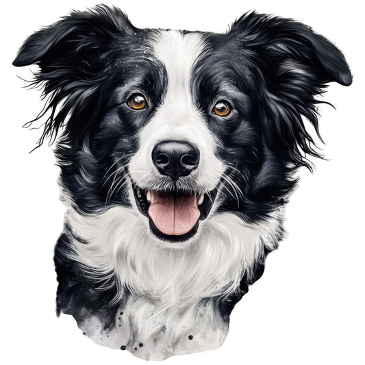 black and white, border collie, dog portrait, watercolor style, amber eyes, pink tongue, fluffy fur, pet fabric, quilting panel, cotton fabric, animal print, realistic artwork, canine design, fabric square, sewing material, craft panel, dog lover, wet nose, flowing fur, artistic rendering