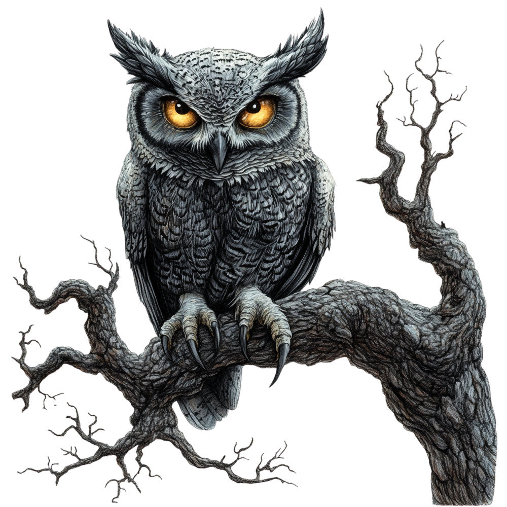 owl, golden eyes, charcoal gray, black, dark gray, pewter, wildlife, nocturnal, nature, birds, raptor, detailed illustration, realistic, gothic, dark academia, mystical, enchanted, autumn, fall, spooky, halloween, moody, dramatic, elegant, whimsical, woodland, forest, magical realism, intricate detail, branching