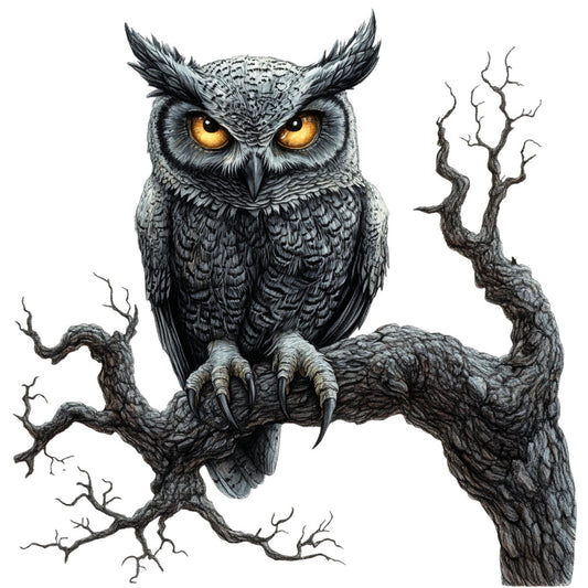 owl, golden eyes, charcoal gray, black, dark gray, pewter, wildlife, nocturnal, nature, birds, raptor, detailed illustration, realistic, gothic, dark academia, mystical, enchanted, autumn, fall, spooky, halloween, moody, dramatic, elegant, whimsical, woodland, forest, magical realism, intricate detail, branching