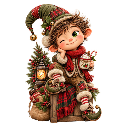 christmas elf, holiday, festive, red, forest green, cream, brown, plaid, striped, whimsical, cute, vintage, rustic, seasonal, winter, candy cane, lantern, holly, berries, pinecone, gift, boots, jingle bells, cozy, traditional, character panel, christmas decoration, nostalgic, folk art, country style