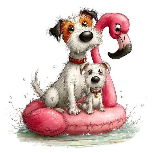 dogs, puppies, flamingo, pink flamingo, hot pink, coral pink, white, orange, black, tan, whimsical, playful, cute, fun, animals, pool float, summer, beach, water, splashing, children, kids, baby, playful animals, illustrated, cartoon style, humorous, lighthearted, nursery, wall art