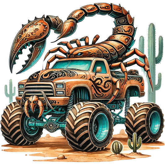 copper, turquoise, bronze, teal, desert tan, burnt orange, scorpion, monster truck, cactus, southwestern, desert, whimsical, steampunk, mechanical, fantasy, armor plating, adventure, rust orange, metallic gold, ornate details, creature design, animal mashup, mixed media style, surreal, bold graphics, novelty print, statement design, boys themes, action adventure