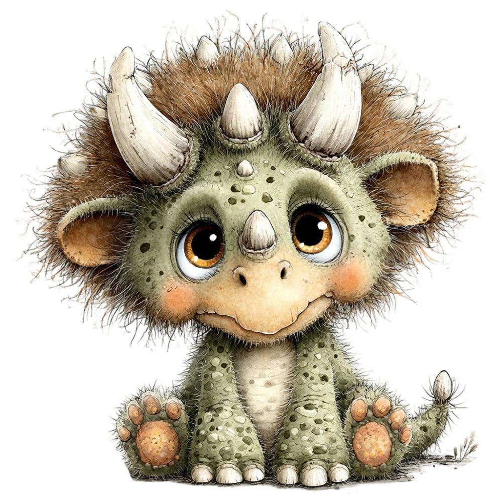 cute dinosaur, whimsical, child friendly, illustration, cartoon creature, brown, cream, sage green, tan, orange eyes, horned animal, fantasy creature, playful, children's, nursery, baby, storybook, adorable, spotted pattern, textured, modern whimsical, artistic, watercolor style, gentle, soft tones, character design, animal theme, prehistoric, dino, quirky