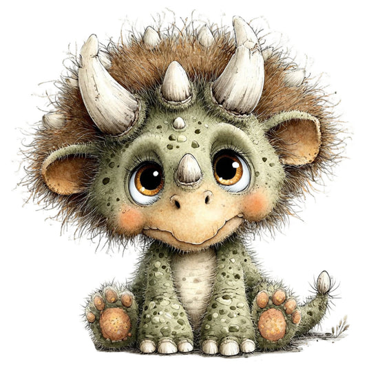 cute dinosaur, whimsical, child friendly, illustration, cartoon creature, brown, cream, sage green, tan, orange eyes, horned animal, fantasy creature, playful, children's, nursery, baby, storybook, adorable, spotted pattern, textured, modern whimsical, artistic, watercolor style, gentle, soft tones, character design, animal theme, prehistoric, dino, quirky