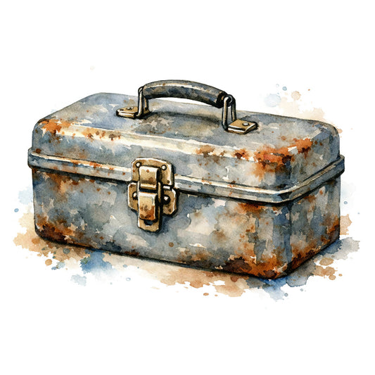 vintage toolbox, rusty metal, distressed, steampunk, industrial, bronze hardware, weathered, antique, storage, retro, grey blue, rust orange, tan, beige, masculine, vintage style, steampunk aesthetic, tool themed, nostalgic, worn finish, patina, metal texture, boho industrial, functional design, cottage core, vintage americana, utility themed, grunge aesthetic, monochromatic, muted tones