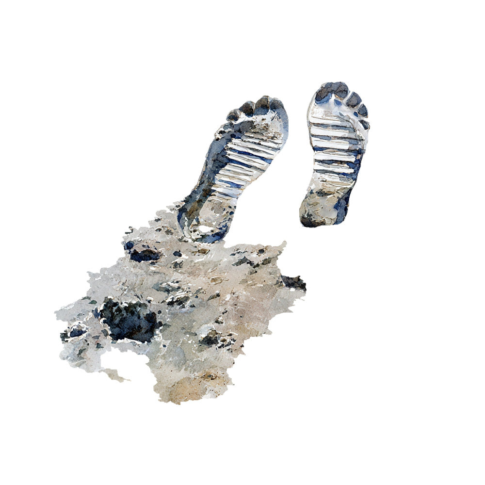 footprint, footprints, muddy, dirt, sand, beach, coastal, nature, abstract, organic, textured, cream, beige, tan, navy blue, gray, grey, charcoal, black, earth tones, neutral, rustic, natural, grungy, distressed, contemporary, modern, artistic, impressionistic, mixed media