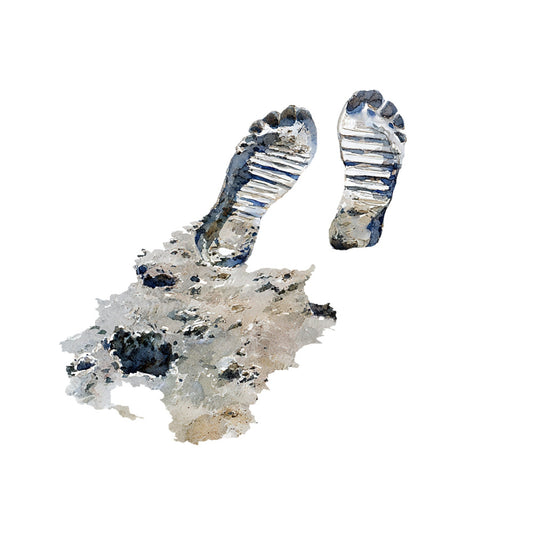 footprint, footprints, muddy, dirt, sand, beach, coastal, nature, abstract, organic, textured, cream, beige, tan, navy blue, gray, grey, charcoal, black, earth tones, neutral, rustic, natural, grungy, distressed, contemporary, modern, artistic, impressionistic, mixed media