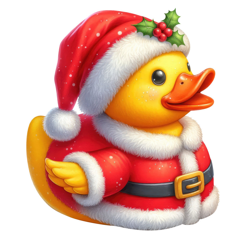 christmas, holiday, santa, duck, yellow, red, white, festive, whimsical, cute, animals, birds, children, cheerful, jolly, winter, december, holly, berries, decorative, playful, nursery, fabric panel, character print, seasonal, fun, bright, child-friendly, novelty, figurative