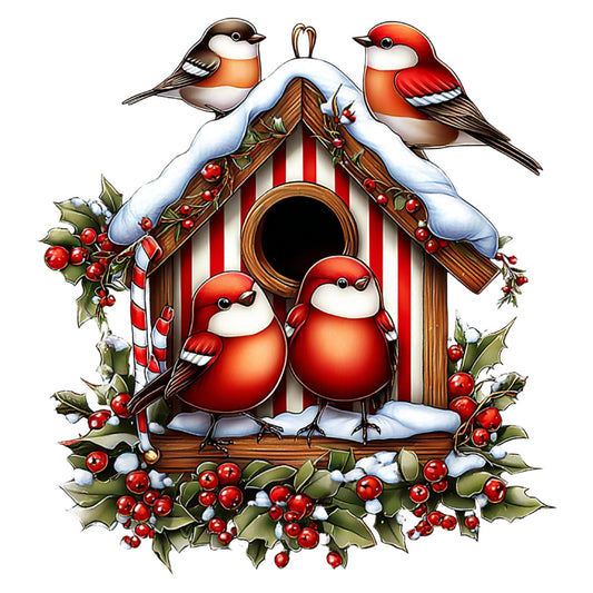 red robin, christmas, holiday, winter, snow, festive, birdhouse, birds, red and white, cream, holly berries, candy cane striped, rustic, traditional, whimsical, country, nature, seasonal, red-breasted robin, white snow, wooden house, red striped, green foliage, decorative, warm, cozy, vintage christmas, family birds, nestled, snowy roof