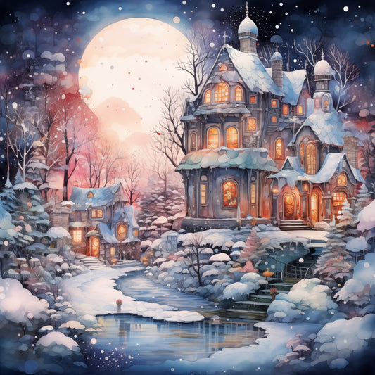 winter, snow, holiday, christmas, magical, whimsical, fairy tale, victorian, castle, church, moonlight, full moon, enchanted, fantasy, starry night, falling snow, cream, ivory, soft blue, dusty rose, warm gold, copper, vintage, elegant, storybook, nighttime, winter landscape, snowy trees, glowing windows, architectural
