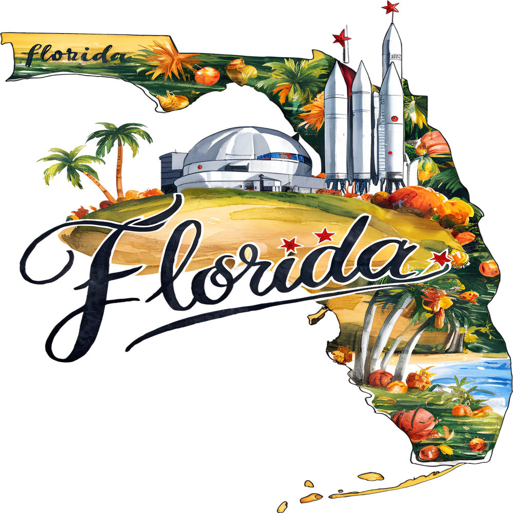 Classic US States Fabric Panel 10 featuring Florida map with rockets, palm trees, and hand-lettered script, printed on premium cotton.