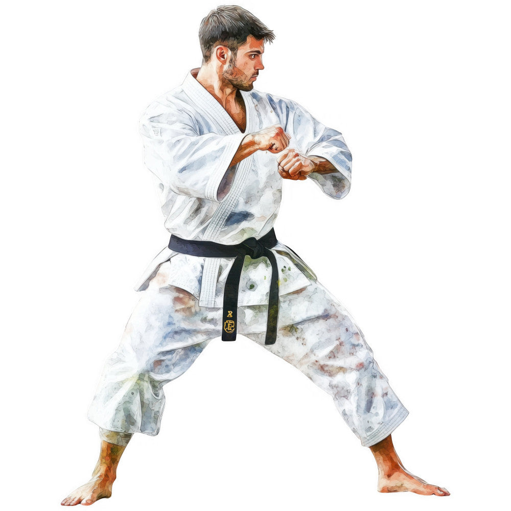 karate, martial arts, sports, athletic, action figure, male portrait, watercolor, abstract brushstrokes, white, navy blue, cream, blue-gray, muted tones, pastel, artistic, contemporary, modern art, fighting stance, combat sports, dojo, training, warrior, strength, power, discipline, fitness, gym, active wear, character illustration, watercolor painting style