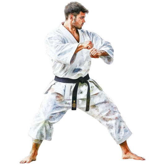 karate, martial arts, sports, athletic, action figure, male portrait, watercolor, abstract brushstrokes, white, navy blue, cream, blue-gray, muted tones, pastel, artistic, contemporary, modern art, fighting stance, combat sports, dojo, training, warrior, strength, power, discipline, fitness, gym, active wear, character illustration, watercolor painting style