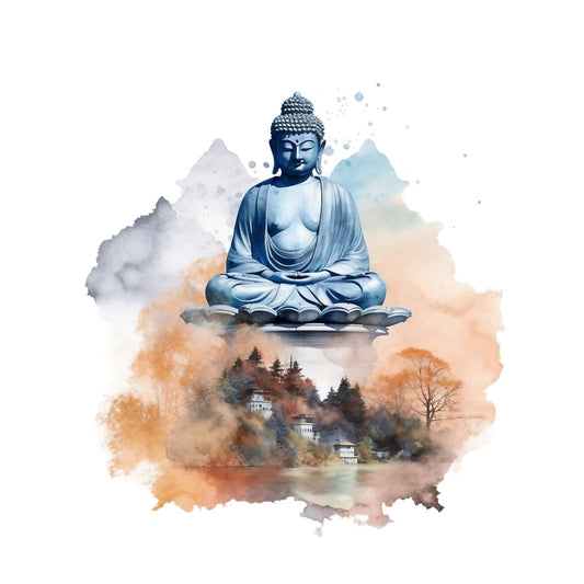 watercolor, buddha statue, meditation pose, lotus position, blue tones, orange hues, gray shades, peaceful scene, mountains, lakeside village, autumn colors, spiritual art, serene landscape, fabric panel, quilting cotton, asian inspired, tranquil mood, contemplative design, nature scenery, flowing watercolors