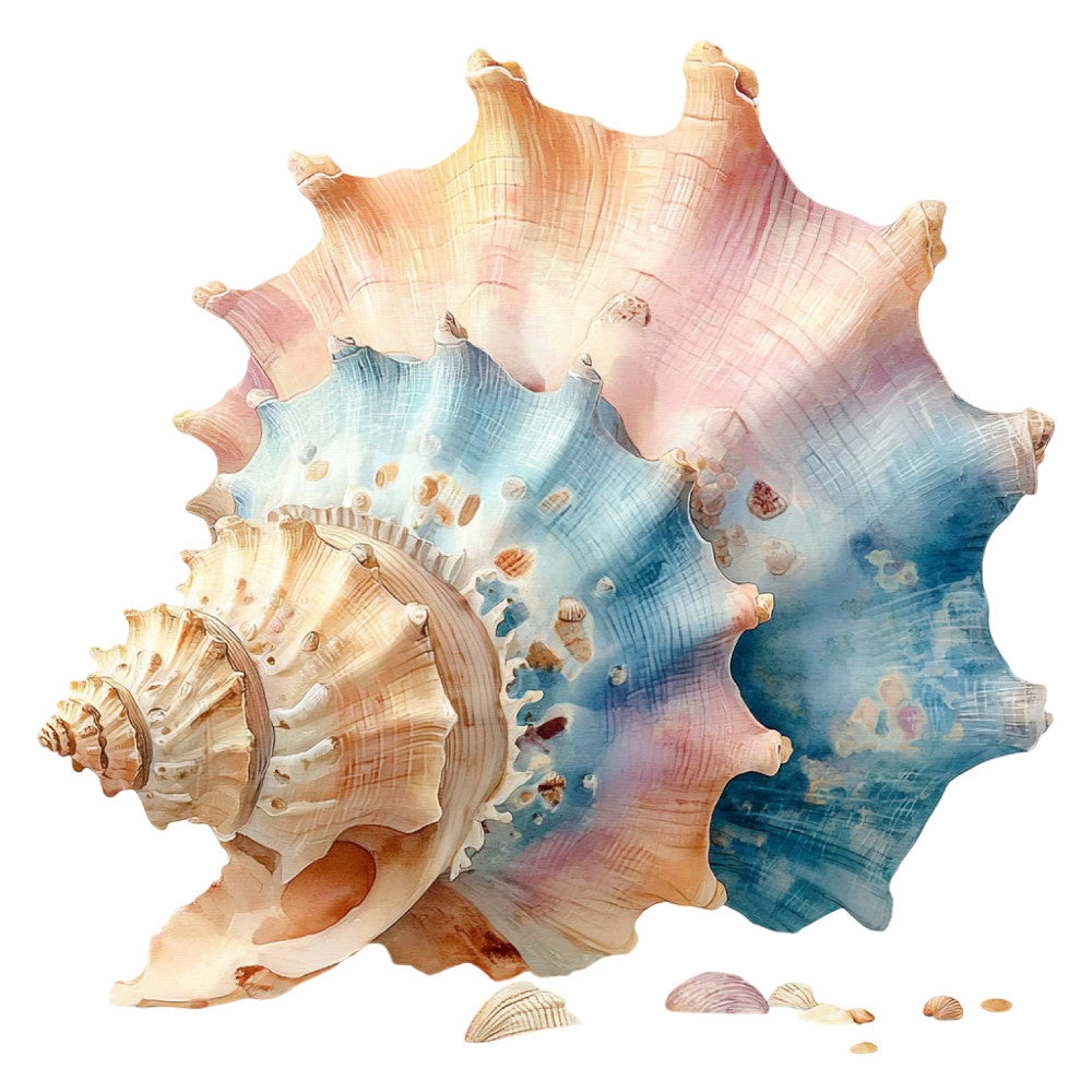 seashell, conch, ocean, coastal, nautical, beach, watercolor, abstract, soft pink, dusty rose, coral, cream, ivory, blue, teal, navy blue, ombre, gradient, dreamy, whimsical, elegant, bohemian, nature, sea life, marine, artistic, mixed media, shell motifs, watercolor wash, ethereal