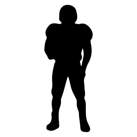 football player silhouette, sports, athletic, masculine, black solid, solid color, action pose, team sports, football themed, sports fan, americana, modern, contemporary, bold graphic, figure silhouette, strength, power, athletic wear inspired, gift for sports fan, wall hanging, quilt panel, sports memorabilia, football apparel inspired, high contrast, statement design, black and white, graphic design, sports enthusiast
