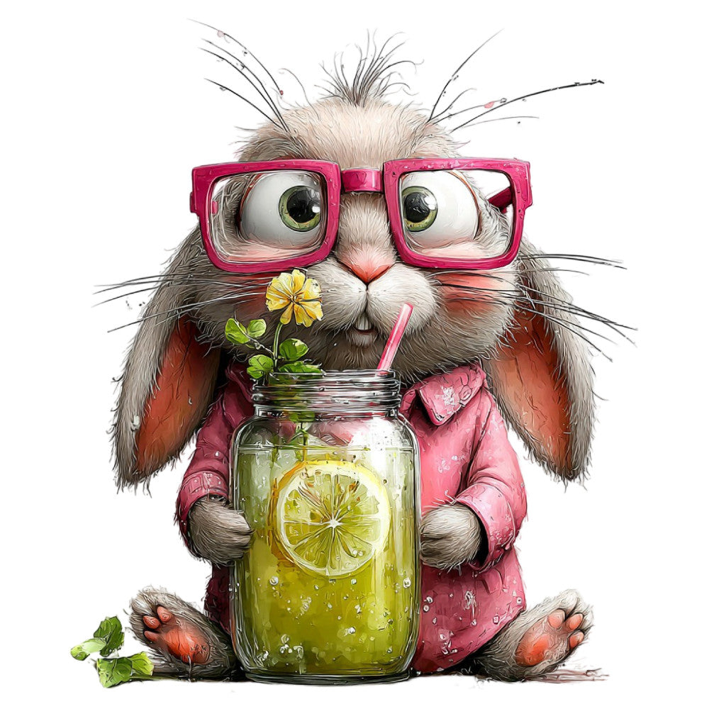 whimsical cat, pink glasses, lemonade, summer drink, animal character, cute rabbit, hot pink, sage green, yellow flower, quirky style, playful design, modern whimsical, botanical elements, character illustration, children's fabric, fun animals, jar with beverage, flower motif, bright and cheerful, springtime, summer season, garden theme, adorable creatures, contemporary style, colorful character, daisy flower, citrus theme, casual style, novelty print, storybook illustration