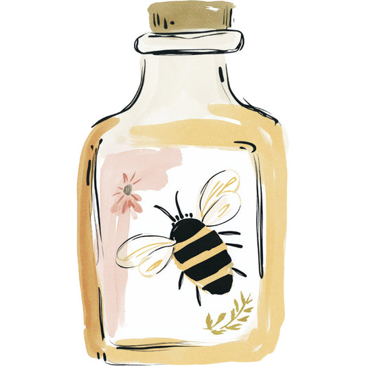 honey bee, bumble bee, wildflower, daisy, botanical, nature, insects, spring, summer, garden, cream, golden yellow, black, dusty rose, blush pink, whimsical, modern farmhouse, cottage core, botanical illustration, bee keeper, pollinator, floral motif, decorative bottle, jar design, vintage inspired, natural, rustic, sweet, feminine