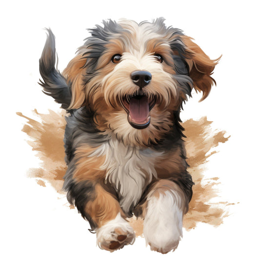 dog, puppy, terrier, doodle, goldendoodle, labradoodle, fluffy, cute animals, pet portrait, brown, tan, cream, white, charcoal gray, warm tones, watercolor, painted, artistic, whimsical, playful, friendly, happy expression, children's, kids, animal lover, pet themed, home decor, wall art, nursery, bathroom
