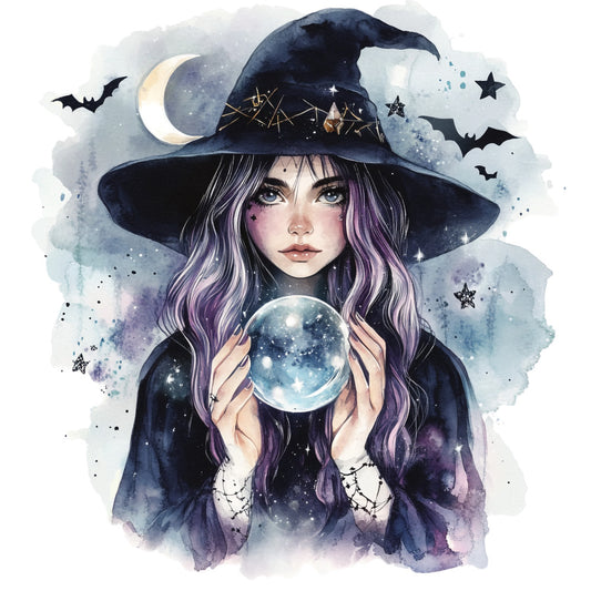 watercolor, witch, purple hair, crystal ball, pointy hat, navy blue, lavender, mystical, celestial, crescent moon, bats, stars, constellation, gothic, magical, fabric panel, quilting cotton, halloween, occult, fortune teller
