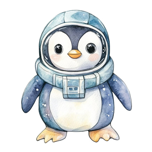 astronaut penguin, space suit, cute animals, whimsical, children, baby, nursery, blue, navy blue, light blue, white, cream, gold, orange, yellow, animal characters, space theme, celestial, adventure, playful, modern, charming, gender neutral, kids room, wall hanging, baby quilt, decorative panel, illustration style