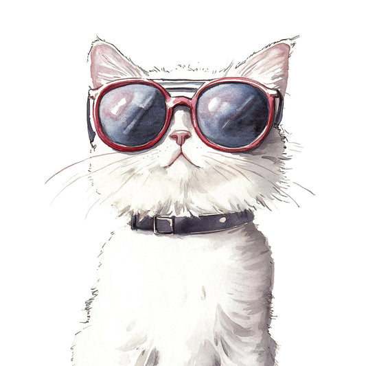 cool cat, sunglasses, whimsical, funny animals, cat lover, hip cat, fashion forward, modern animal, playful, red sunglasses, navy blue lenses, white cat, fluffy cat, cat with attitude, trendy pet, cool and quirky, humorous animal print, contemporary style, cat accessory design, pet themed, bold graphic, statement cat, retro cool, animal illustration, lighthearted design, novelty print, kitten art, fashionable feline, cool cats, indie style