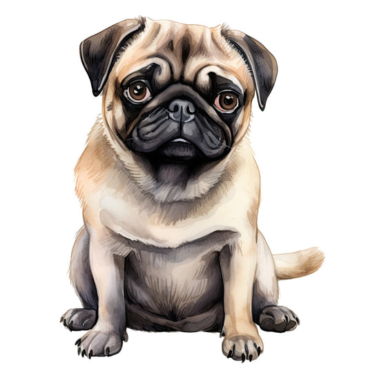 Watercolor Pug Fabric Panel 25 featuring a detailed, hand-painted pug illustration on premium quilting cotton.