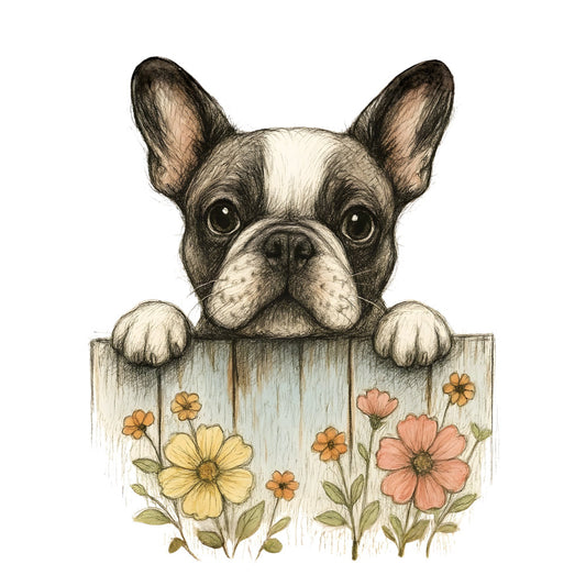 french bulldog, dog, pet, animals, flowers, floral, daisies, cosmos, yellow flowers, coral pink, cream, white, black, sage green, botanical, nature, whimsical, cute, playful, rustic, farmhouse, vintage, spring, summer, garden, sweet, charming, decorative, home decor, wall hanging
