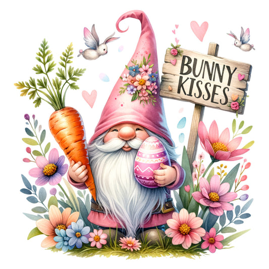 easter gnome, spring flowers, pink hat, white beard, carrot, easter egg, bunny kisses, wooden sign, hummingbirds, floral wreath, pastel colors, coral pink, sage green, watercolor style, fabric panel, quilting cotton, gnome character, easter theme, spring garden, blooming flowers