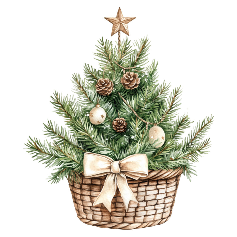 christmas tree, holiday, festive, winter, cream, beige, tan, forest green, natural, rustic, elegant, traditional, pinecones, ornaments, star topper, ribbon bow, basket, evergreen branches, needle, nature, seasonal, vintage, country, decorative, timeless, neutral tones, botanical, classic, warm palette, christmas decor